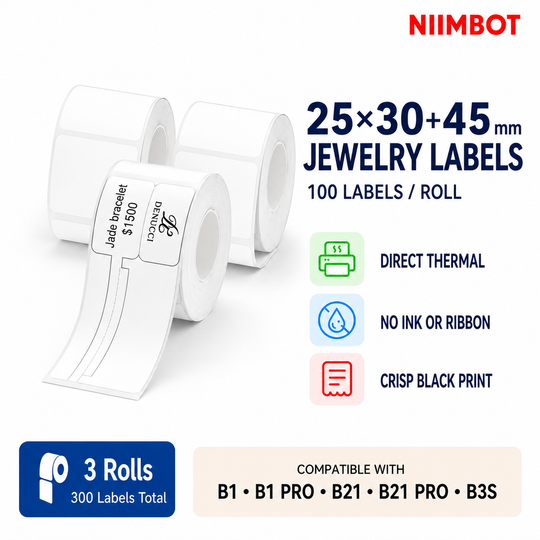 Original NIIMBOT Jewelry Hanging Labels for B1, B21 Pro & B-Series Printers, 25 × 30 × 45 mm (0.98" × 1.18" × 1.77"), White, 100 Labels/Roll