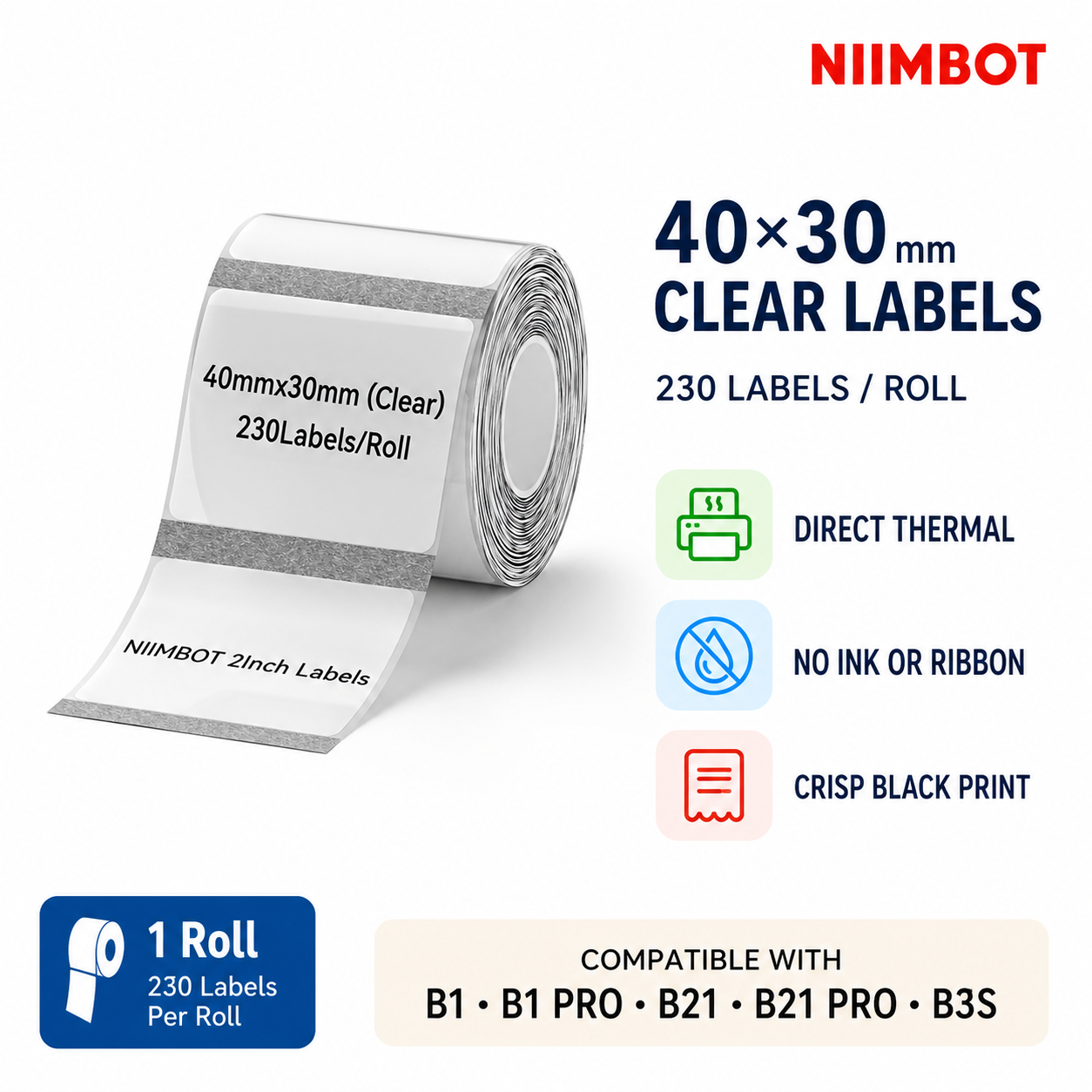 NIIMBOT 40×30 mm Clear Direct Thermal Labels for B Series