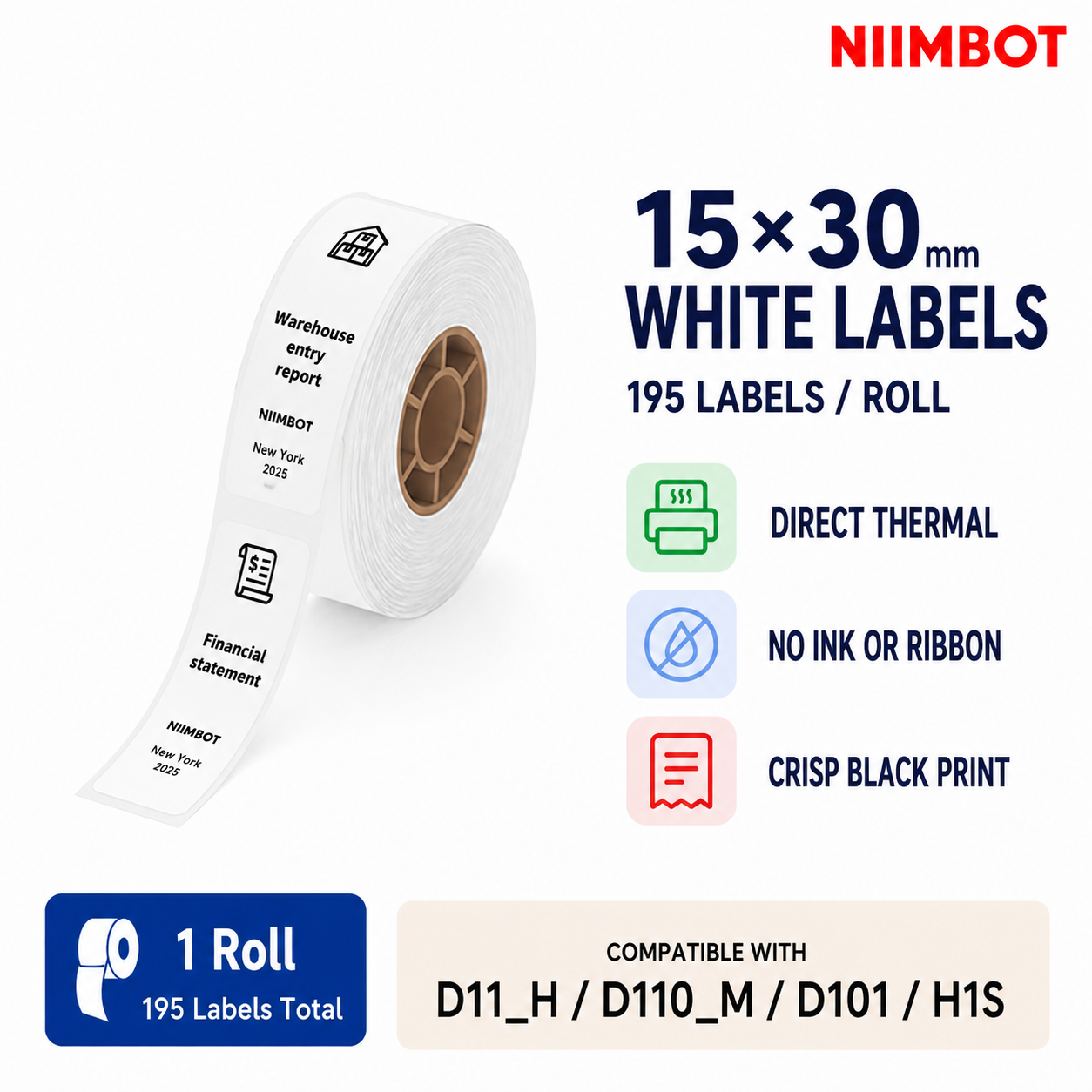 NIIMBOT 15 x 30 mm White Direct Thermal Labels for D110M, D11_H, D101 & H1S | 1, 3 or 6 Rolls