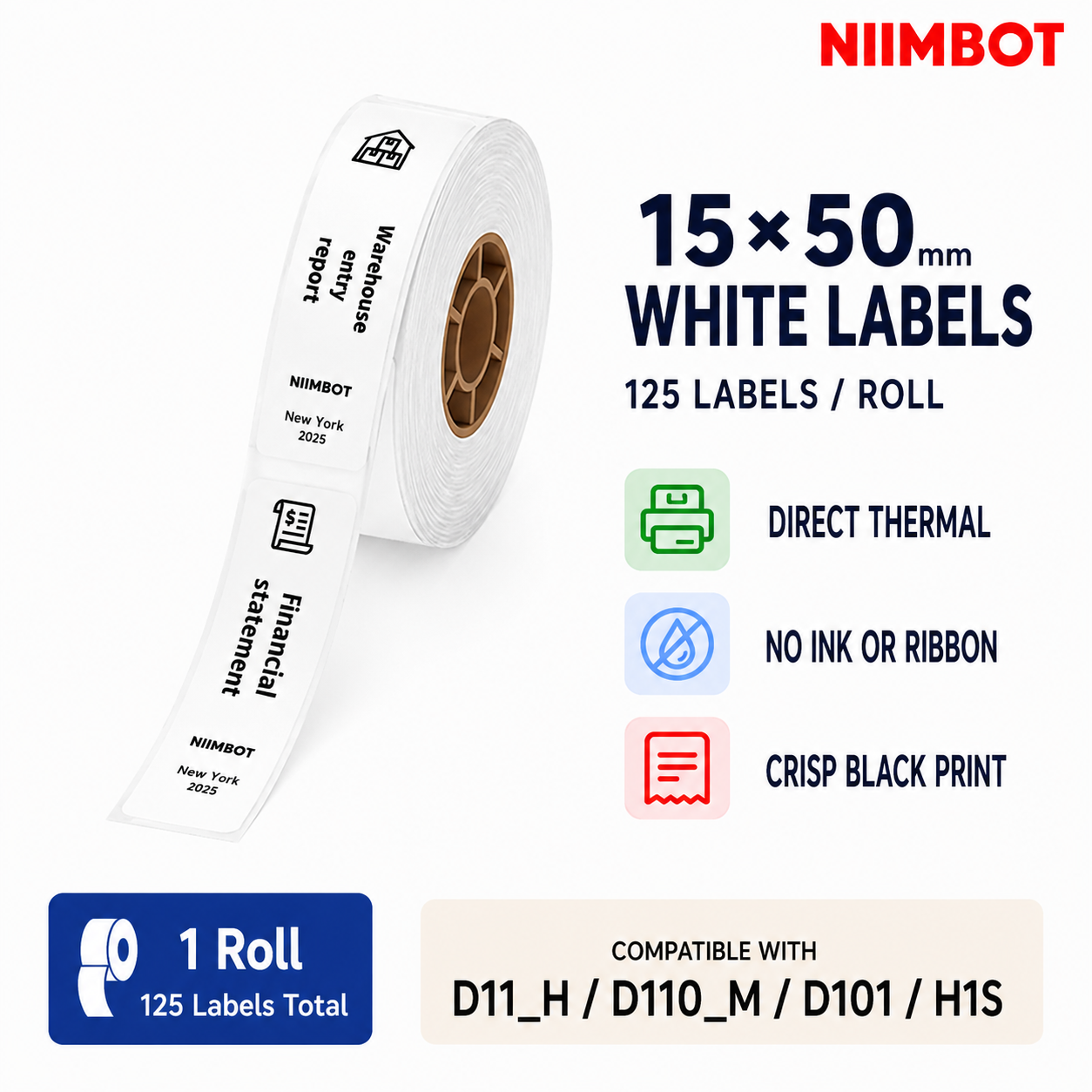 NIIMBOT 15 x 50 mm White Direct Thermal Labels for D110M, D11_H, D101 & H1S | 1, 3 or 6 Rolls