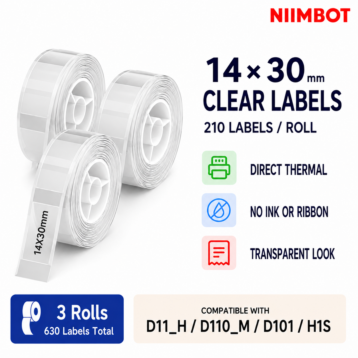 NIIMBOT 14 x 40 mm Clear Direct Thermal Labels for D110M, D11_H, D101 & H1S | 1, 3 or 6 Rolls