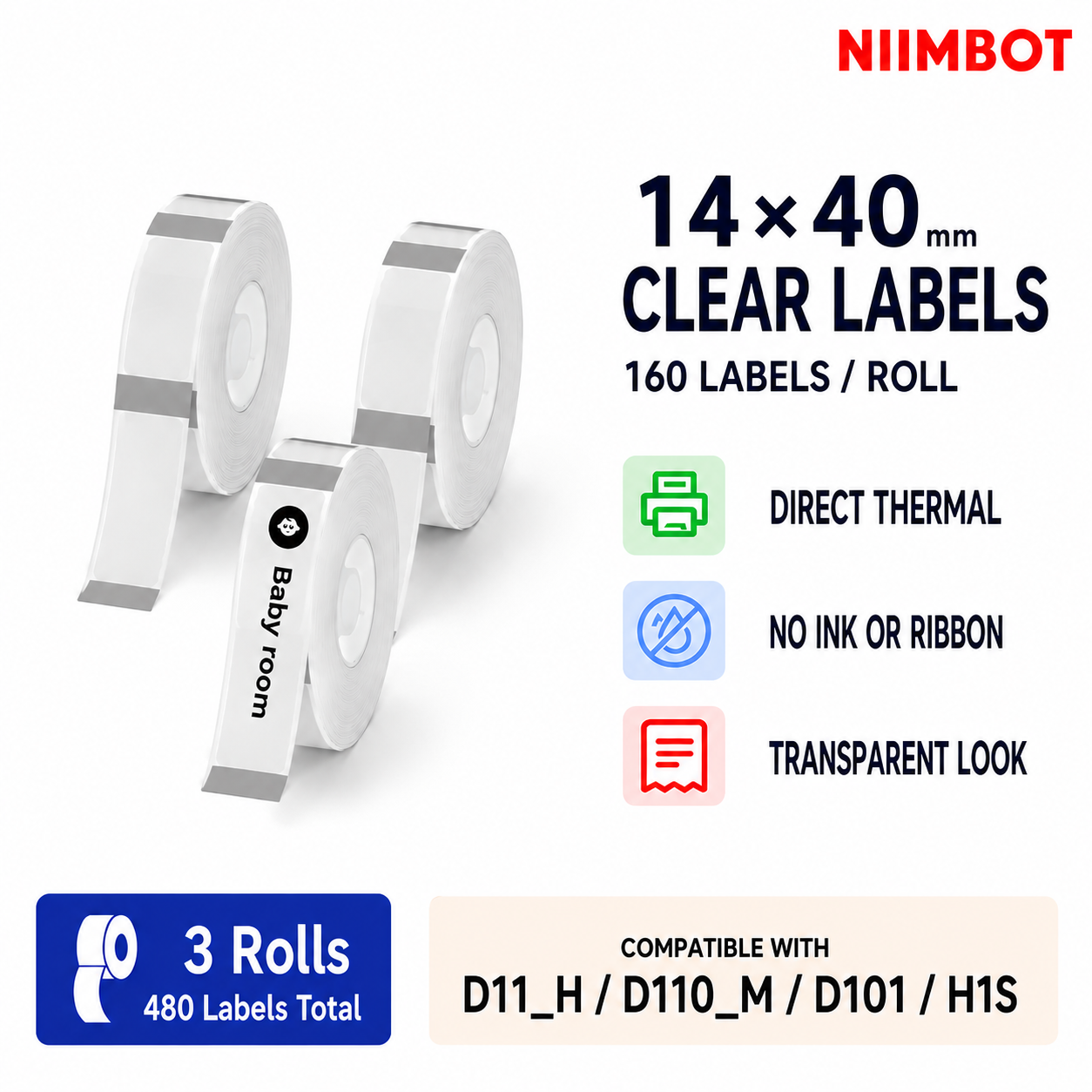 NIIMBOT Label Maker Tape, 14 x 40 mm (0.55"x1.57") Waterproof and Self-Adhesive Clear Labels for Printer-Suitable for D11/D101/D110 Label Tape Machine (Clear)