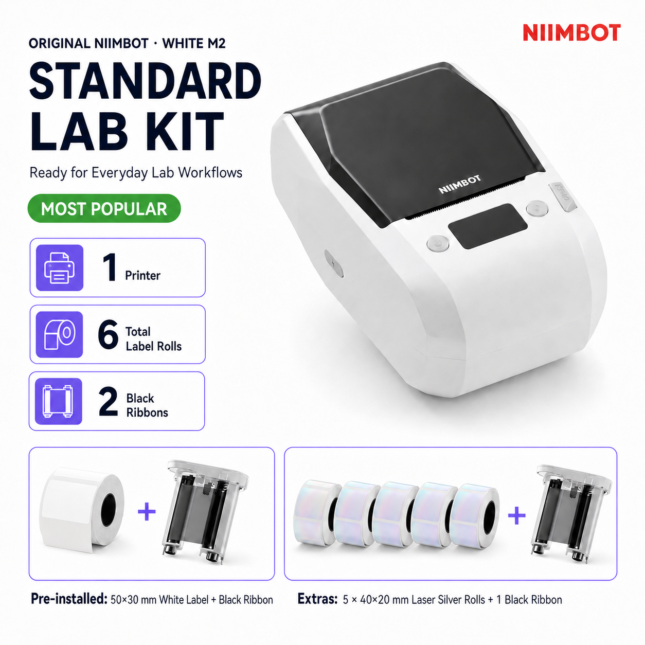 NIIMBOT White M2 Thermal Transfer Label Printer & Lab Kit