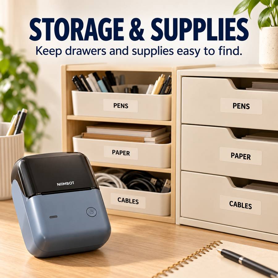 Labels on office storage bins and supply drawers