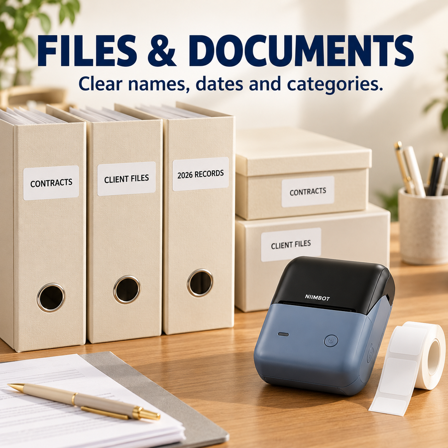 White labels on office folders and document boxes