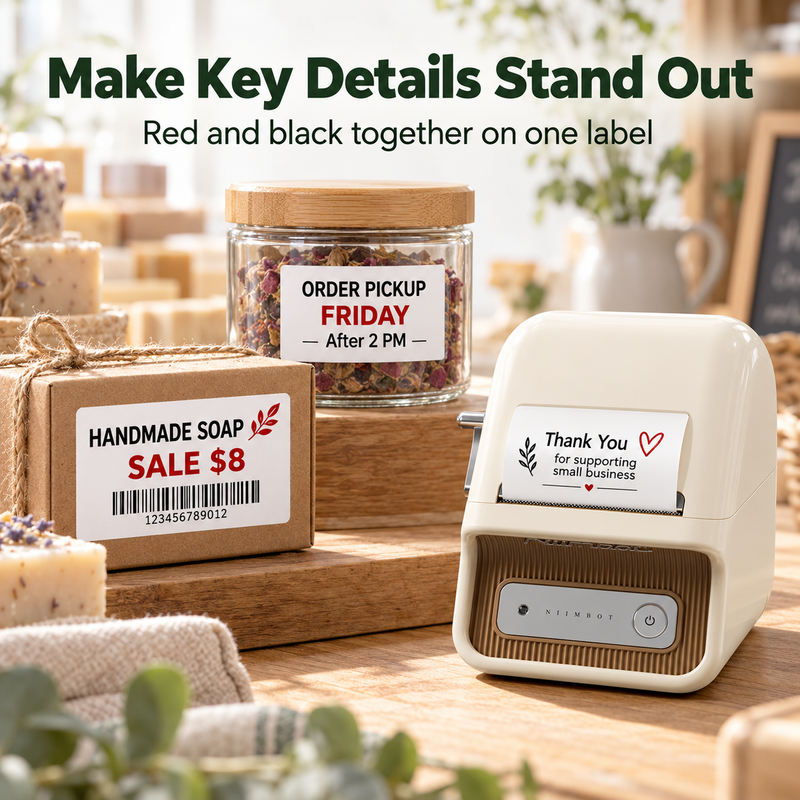 Red and black promotional label on small-business packaging