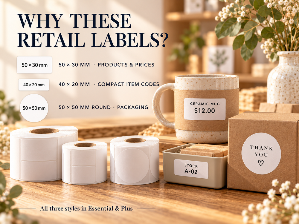 White rectangular and round labels for retail products, shelves, and packaging