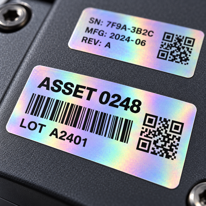 The Laser Silver surface gives product names, barcodes, QR codes and identification details a polished metallic appearance.