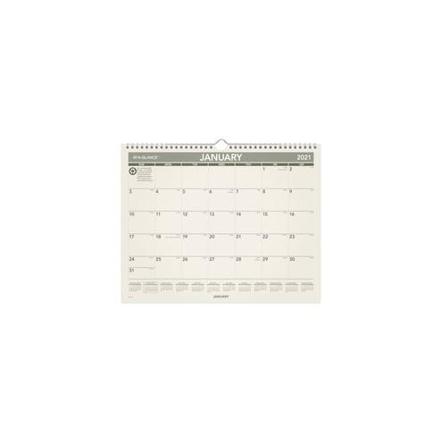 At-A-Glance 100% PCW Monthly Wall Calendar - Julian Dates - Monthly - January 2021 till December 2021 - 1 Month Single Page Layout - 15" x 12" Sheet Size - 2" x 1.68" Block - Wire Bound - 1 / Each