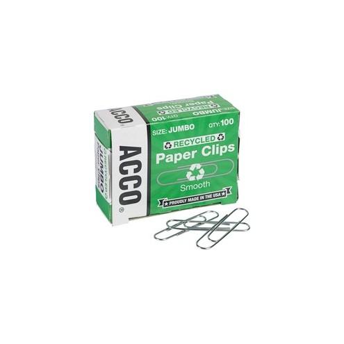 Acco Recycled Paper Clips - Jumbo - No. 4 - 1.6" Length - for Paper - Environmentally Friendly - 1000 / Pack - Silver