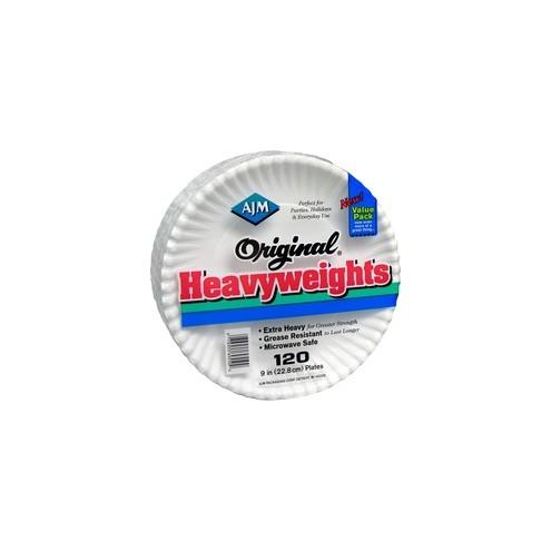 AJM Packaging Original Heavyweights Plates - 9" Diameter Plate - Paper - Disposable - Microwave Safe - White - 120 Piece(s) / Pack