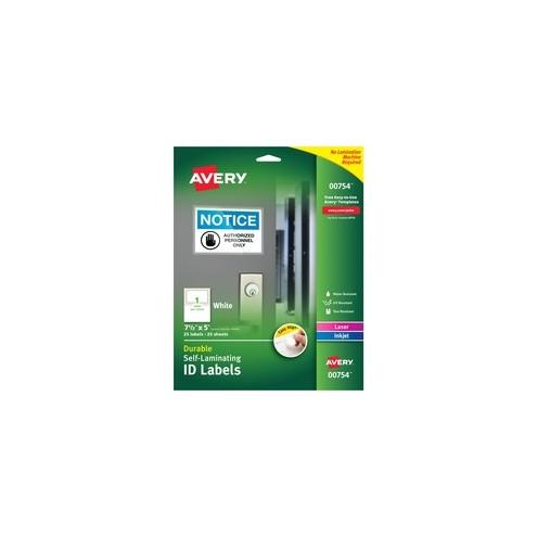 Avery&reg; Easy Align Self-Laminating ID Labels - Permanent Adhesive - 7 1/2" Width x 5" Length - Rectangle - Laser, Inkjet - White - Film - 1 / Sheet - 25 Total Label(s) - 25 / Pack