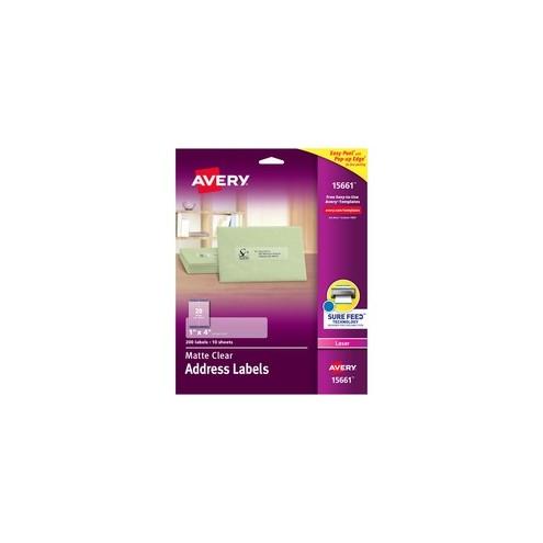 Avery&reg; Address Labels - Sure Feed - Permanent Adhesive - 1" Width x 4" Length - Rectangle - Laser - Clear - 20 / Sheet - 200 / Pack