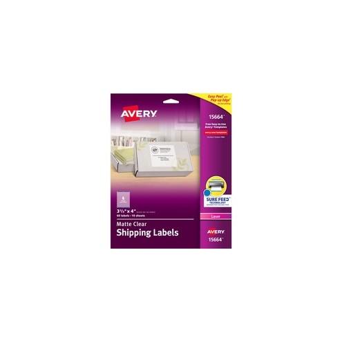 Avery&reg; Shipping Labels - Sure Feed - Permanent Adhesive - 3 21/64" Width x 4" Length - Rectangle - Laser - Clear - 6 / Sheet - 60 / Pack