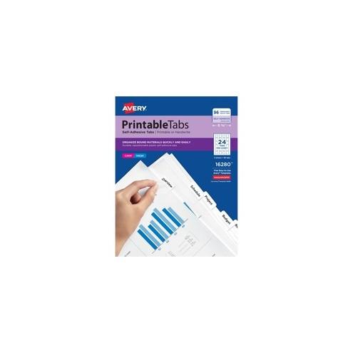 Avery&reg; Printable Repositionable Tabs, 1-1/4" , White, 96 Tabs (16280) - 96 Print-on Tab(s)1.25" Tab Width - Self-adhesive, Removable - White Divider - White Plastic Tab(s) - 96 / Pack