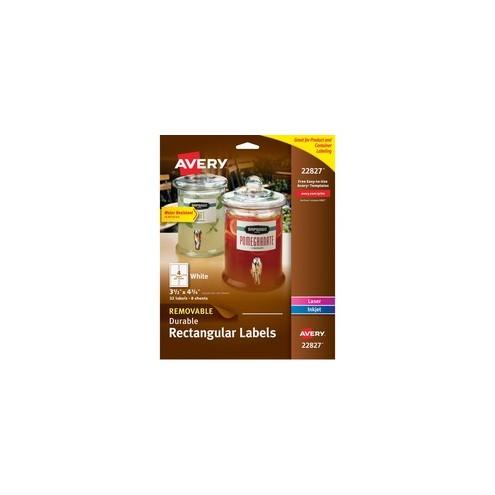 Avery&reg; Durable Labels - Removable Adhesive - 3 1/2" Width x 4 3/4" Length - Rectangle - Laser, Inkjet - White - Polyester, Film - 4 / Sheet - 32 / Pack