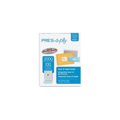 PRES-a-ply Labels - Permanent Adhesive - 1" Width x 2 5/8" Length - Rectangle - Laser, Inkjet - White - 3000 / Box