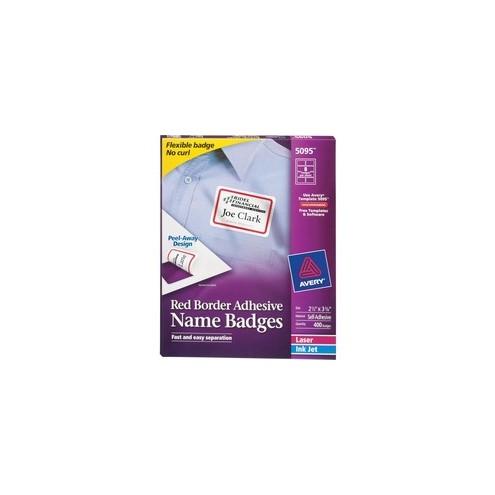 Avery&reg; Name Badges - Removable Adhesive - 2 21/64" Width x 3 3/8" Length - Rectangle - Laser, Inkjet - Red - 8 / Sheet - 400 / Box