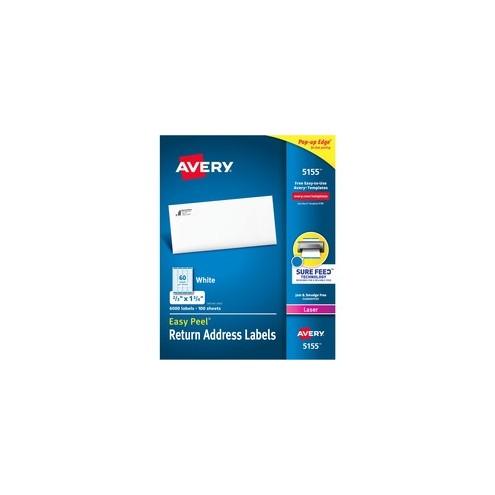 Avery&reg; Easy Peel Address Labels - Sure Feed - Permanent Adhesive - 2/3" Width x 1 3/4" Length - Rectangle - Laser, Inkjet - White - 60 / Sheet - 6000 / Box