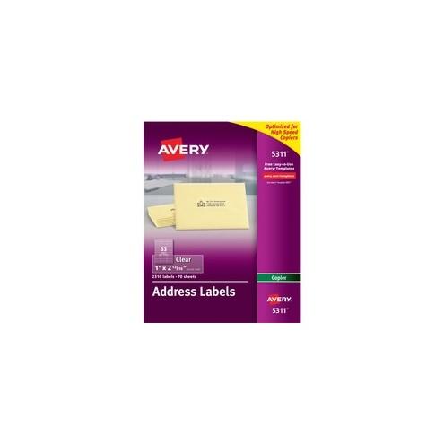 Avery&reg; Address Labels for Copiers - Permanent Adhesive - 1" Width x 2 13/16" Length - Rectangle - Clear - Film - 33 / Sheet - 2310 / Box