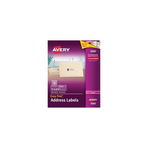 Avery&reg; Address Labels - Sure Feed - Permanent Adhesive - 1" Width x 2 5/8" Length - Rectangle - Laser - Clear - 30 / Sheet - 1500 / Box