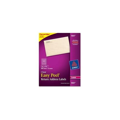 Avery&reg; Return Address Labels - Sure Feed - Permanent Adhesive - 1/2" Width x 1 3/4" Length - Rectangle - Laser - Clear - 80 / Sheet - 2000 / Box