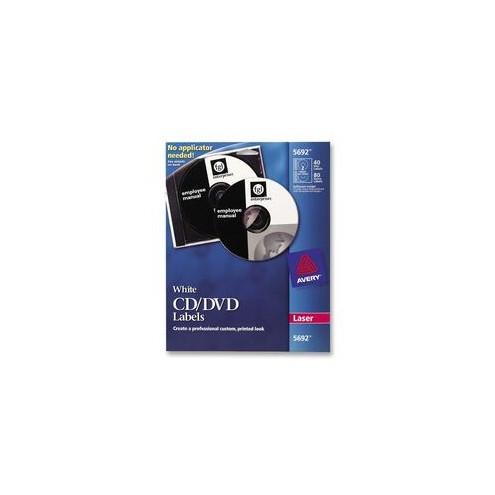 Avery&reg; White CD Labels with 80 Spine Labels - Permanent Adhesive Length - Round - Laser - White - 4 / Sheet - 40 / Pack