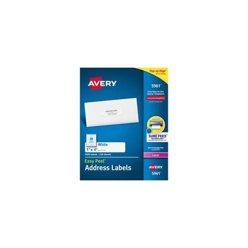 Avery&reg; Easy Peel Address Labels - Sure Feed - Permanent Adhesive - 1" Width x 4" Length - Rectangle - Laser - White - 20 / Sheet - 5000 / Box