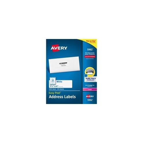 Avery&reg; Easy Peel Address Labels - Sure Feed - Permanent Adhesive - 4" Width x 1 1/3" Length - Rectangle - Laser - White - 14 / Sheet - 3500 / Box