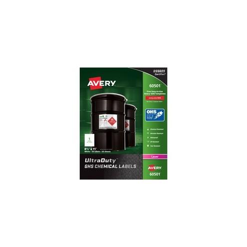 Avery&reg; UltraDuty GHS Chemical Labels - Waterproof - UV-Resistant - Permanent Adhesive - 8 1/2" Width x 11" Length - Rectangle - Laser - White - Polyester Film - 1 / Sheet - 50 / Box
