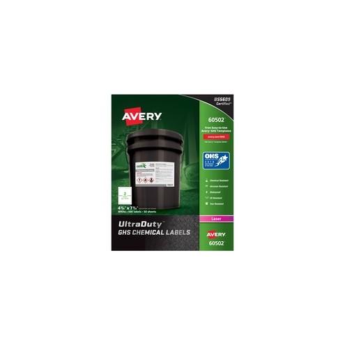 Avery&reg; UltraDuty GHS Chemical Labels - Waterproof - UV-Resistant - Permanent Adhesive - 7 3/4" Width x 4 3/4" Length - Rectangle - Laser - White - Polyester Film - 2 / Sheet - 100 / Box