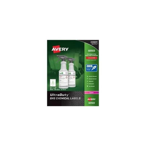 Avery&reg; UltraDuty GHS Chemical Labels - Waterproof - UV-Resistant - Permanent Adhesive - 3 1/2" Width x 5" Length - Rectangle - Laser - White - Polyester Film - 4 / Sheet - 200 / Box