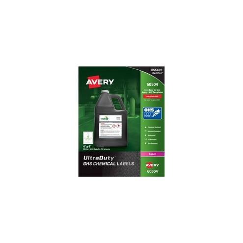 Avery&reg; UltraDuty GHS Chemical Labels - Waterproof - UV-Resistant - Permanent Adhesive - 4" Width x 4" Length - Square - Laser - White - Polyester Film - 4 / Sheet - 200 / Box