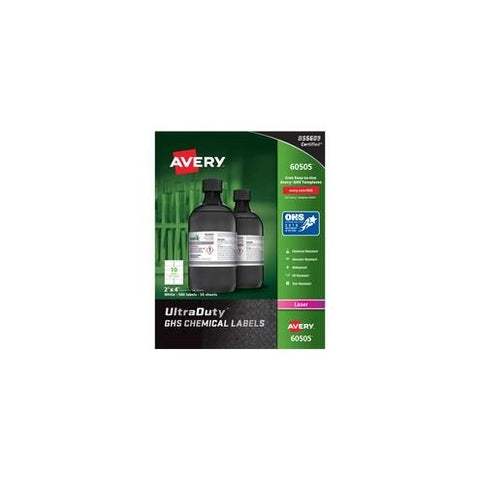 Avery&reg; UltraDuty GHS Chemical Labels - Waterproof - UV-Resistant - Permanent Adhesive - 4" Width x 2" Length - Rectangle - Laser - White - Polyester Film - 10 / Sheet - 500 / Box