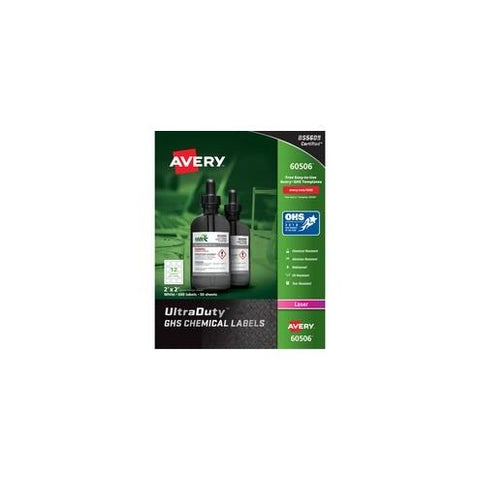Avery&reg; UltraDuty GHS Chemical Labels - Waterproof - UV-Resistant - Permanent Adhesive - 2" Width x 2" Length - Square - Laser - White - Polyester Film - 12 / Sheet - 600 / Box