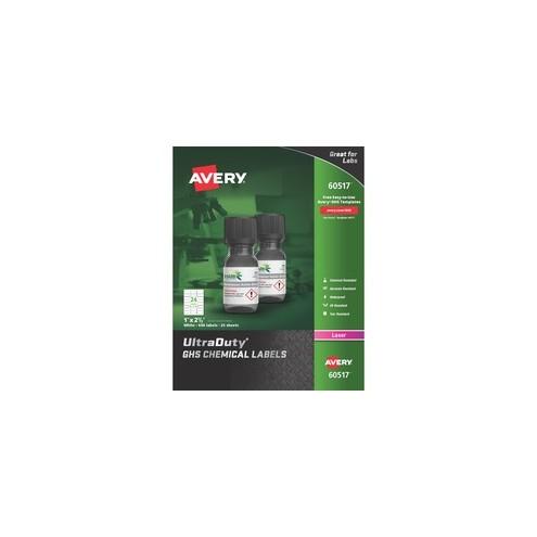 Avery&reg; UltraDuty GHS Chemical Labels - Permanent Adhesive - 1" Width x 2 1/2" Length - Rectangle - Laser - White - Polyester Film - 600 / Box