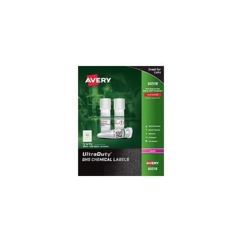Avery&reg; UltraDuty GHS Chemical Labels - Waterproof - UV-Resistant - Permanent Adhesive - 1/2" Width x 1 3/4" Length - Rectangle - Laser - White - Polyester Film - 1500 Total Label(s) - 1500 / Box