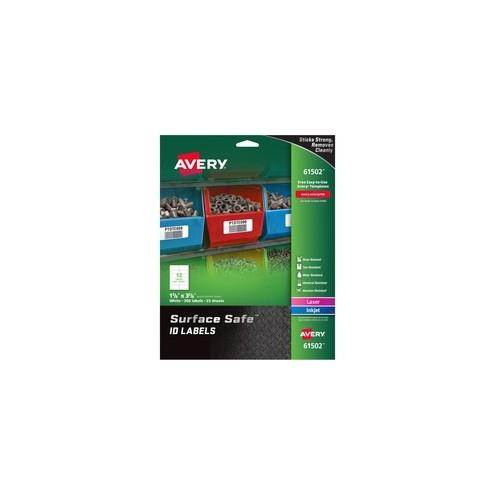 Avery&reg; Water-resistant Surface Safe ID Labels - Removable Adhesive - 1 5/8" Width x 3 5/8" Length - Rectangle - Laser, Inkjet - White - Polyester - 12 / Sheet - 25 Total Sheets - 300 / Pack
