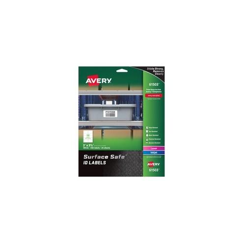 Avery&reg; Water-resistant Surface Safe ID Labels - Removable Adhesive - 2" Width x 3 1/2" Length - Rectangle - Laser, Inkjet - White - Polyester - 10 / Sheet - 25 Total Sheets - 250 / Pack