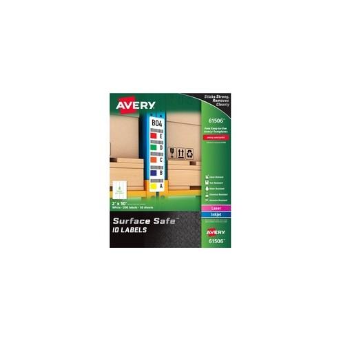 Avery&reg; Water-resistant Surface Safe ID Labels - Removable Adhesive - 2" Width x 10" Length - Rectangle - Laser, Inkjet - White - Polyester - 4 / Sheet - 50 Total Sheets - 200 / Pack