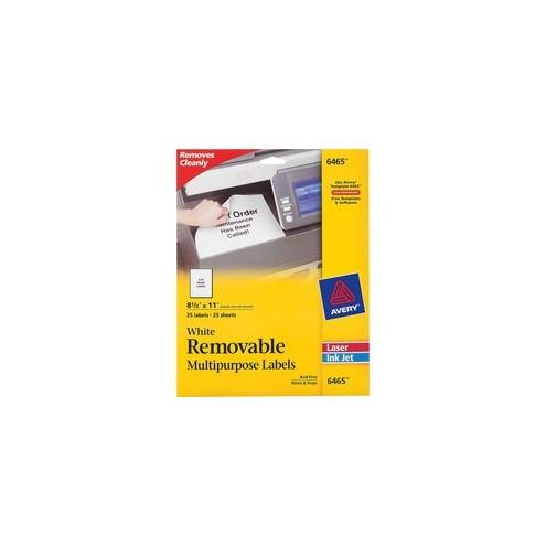 Avery&reg; ID Labels - Removable Adhesive - 8 1/2" Width x 11" Length - Rectangle - Laser, Inkjet - White - 1 / Sheet - 25 / Pack