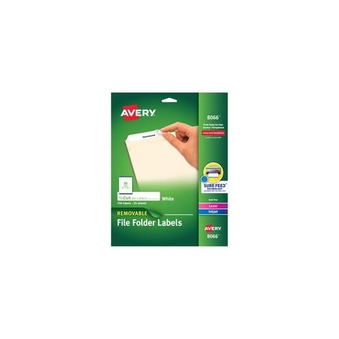 Avery&reg; File Folder Labels - Sure Feed - Removable Adhesive - 2/3" Width x 3 7/16" Length - Rectangle - Laser, Inkjet - White - Paper - 30 / Sheet - 750 / Pack