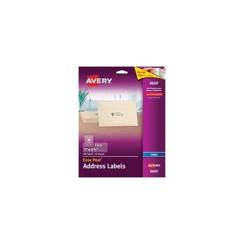 Avery&reg; Address Labels - Sure Feed - Permanent Adhesive - 1" Width x 2 5/8" Length - Rectangle - Inkjet - Clear - 30 / Sheet - 750 / Pack
