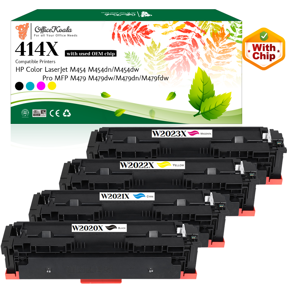 Office Koala 414X Black/Cyan/Magenta/Yellow Toner Cartridges(with New Chip), Compatible with  HP Color LaserJet M454 M454dn/M454dw Pro MFP M479/M479dw/M479dn/M479fdw (Replacement for OEM Part W2020X W2021X W2022X W2023X)