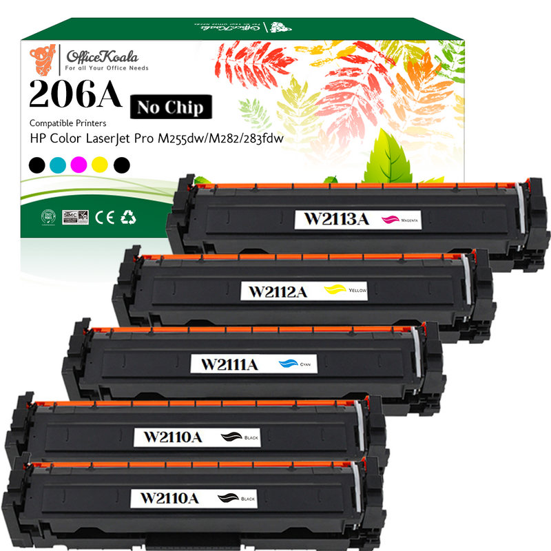 Office Koala 206A Toner Cartridges(No Chip), 2x Black & 1x Cyan/Magenta/Yellow, Compatible with  HP Color LaserJet Pro M255dw/M282/283fdw (Replacement for OEM Part  W2110A W2111A W2112A W2113A)
