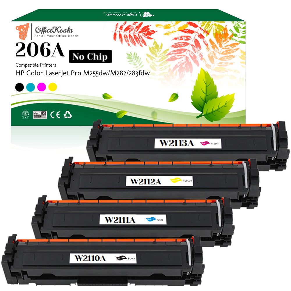 Office Koala 206A Black/Cyan/Magenta/Yellow Toner Cartridges(No Chip), Compatible with  HP Color LaserJet Pro M255dw/M282/283fdw (Replacement for OEM Part W2110A W2111A W2112A W2113A)