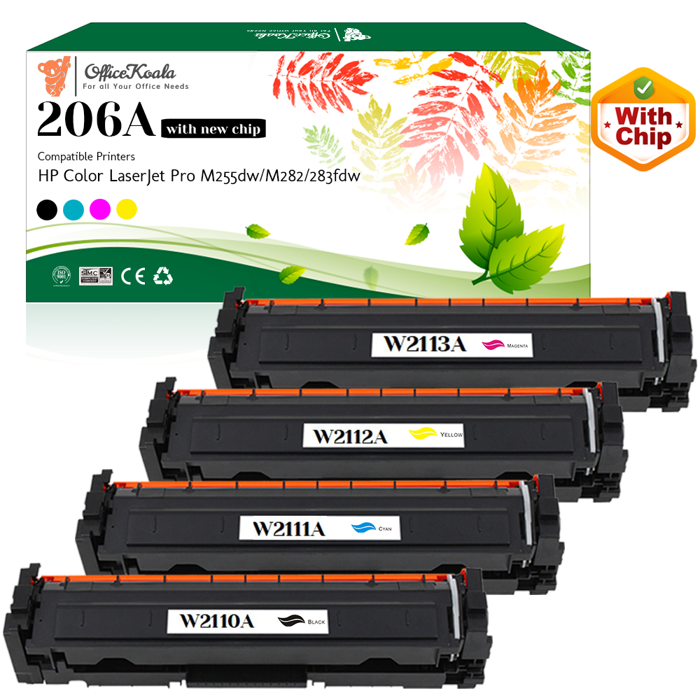 Office Koala 206A Black/Cyan/Magenta/Yellow Toner Cartridges(with New Chip), Compatible with  HP Color LaserJet Pro M255dw/M282/283fdw (Replacement for OEM Part W2110A W2111A W2112A W2113A)