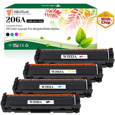 Office Koala 206A Black/Cyan/Magenta/Yellow Toner Cartridges(with New Chip), Compatible with  HP Color LaserJet Pro M255dw/M282/283fdw (Replacement for OEM Part W2110A W2111A W2112A W2113A)