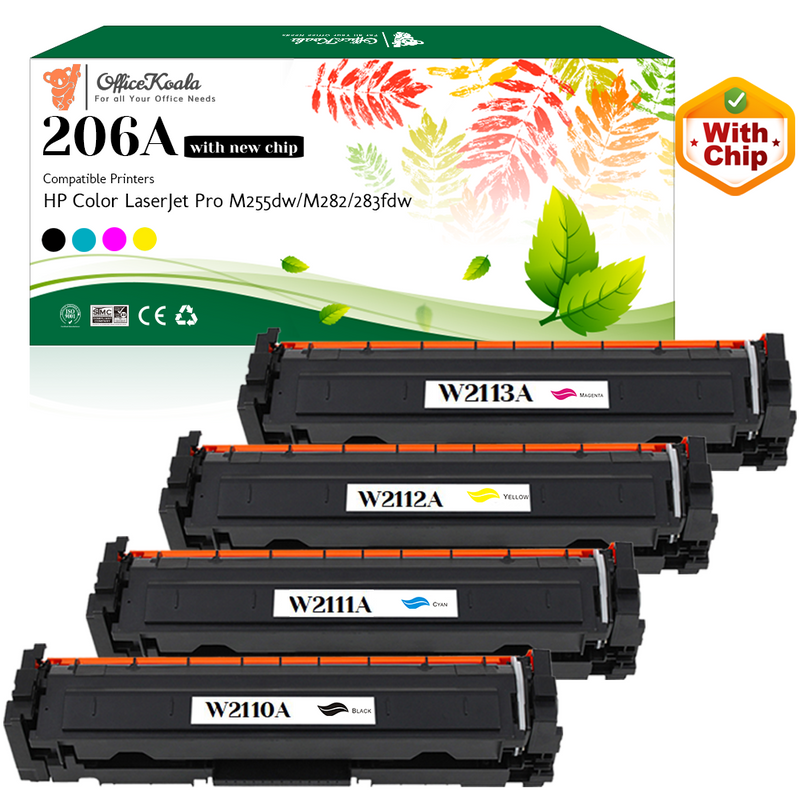 Office Koala 206A Black/Cyan/Magenta/Yellow Toner Cartridges(with New Chip), Compatible with  HP Color LaserJet Pro M255dw/M282/283fdw (Replacement for OEM Part W2110A W2111A W2112A W2113A)