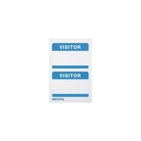 SICURIX Self-adhesive Visitor Badge - Removable Adhesive - 3 1/2" Width x 2 1/4" Length - Rectangle - White, Blue - 100 / Box